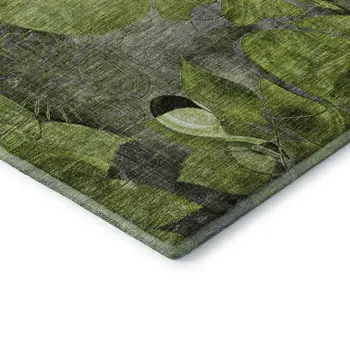 9' X 12' Fern Green And Gray Floral Washable Area Rug With UV Protection