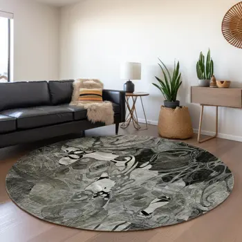 8' Gray And Ivory Floral Washable Round Rug With UV Protection