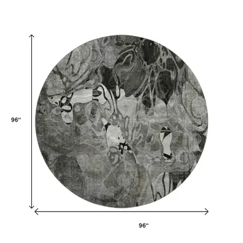 8' Gray And Ivory Floral Washable Round Rug With UV Protection