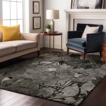 8' X 10' Gray And Ivory Floral Washable Area Rug With UV Protection