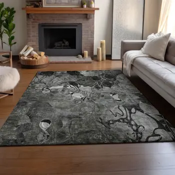 8' X 10' Gray And Ivory Floral Washable Area Rug With UV Protection
