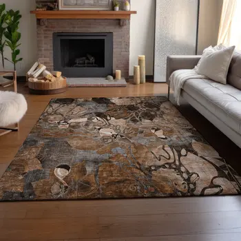 5' X 8' Rust And Gray Floral Washable Area Rug With UV Protection