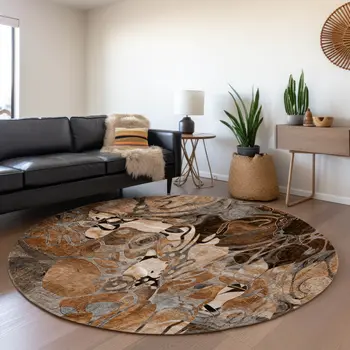 8' Rust And Gray Floral Washable Round Rug With UV Protection