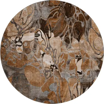 8' Rust And Gray Floral Washable Round Rug With UV Protection