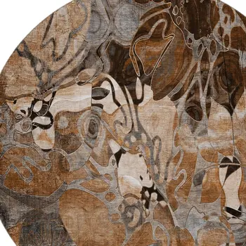 8' Rust And Gray Floral Washable Round Rug With UV Protection
