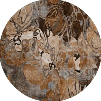 8' Rust And Gray Floral Washable Round Rug With UV Protection