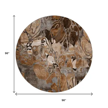 8' Rust And Gray Floral Washable Round Rug With UV Protection
