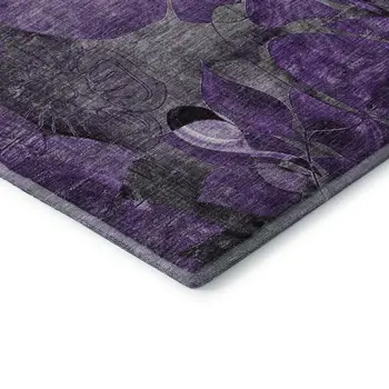 8' Purple And Ivory Floral Washable Round Rug With UV Protection