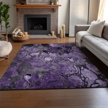 9' X 12' Purple And Ivory Floral Washable Area Rug With UV Protection