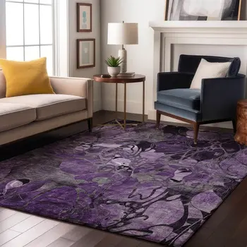10' X 14' Purple And Ivory Floral Washable Area Rug With UV Protection