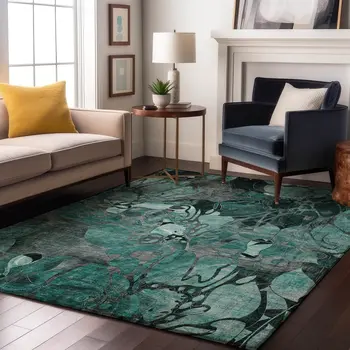 3' X 5' Teal And Gray Floral Washable Area Rug With UV Protection