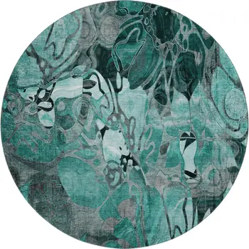 8' Teal And Gray Floral Washable Round Rug With UV Protection
