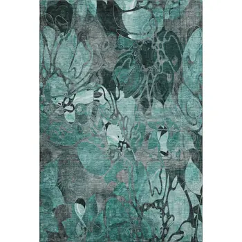10' X 14' Teal And Gray Floral Washable Area Rug With UV Protection