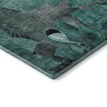 10' X 14' Teal And Gray Floral Washable Area Rug With UV Protection