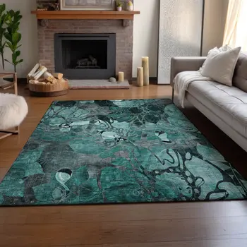 10' X 14' Teal And Gray Floral Washable Area Rug With UV Protection