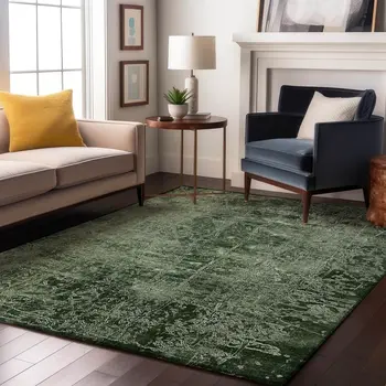 3' X 5' Emerald And Ivory Abstract Washable Area Rug With UV Protection