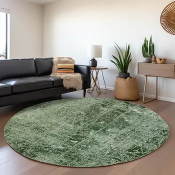 8' Emerald And Ivory Abstract Washable Round Rug With UV Protection