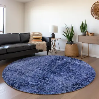 8' Navy Blue And Ivory Abstract Washable Round Rug With UV Protection