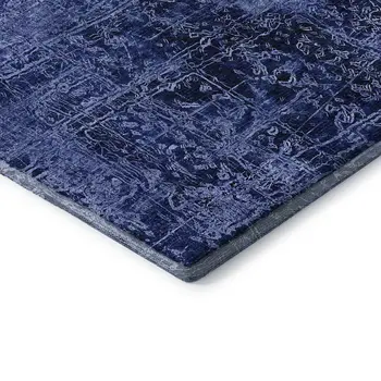 8' Navy Blue And Ivory Abstract Washable Round Rug With UV Protection