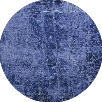 8' Navy Blue And Ivory Abstract Washable Round Rug With UV Protection