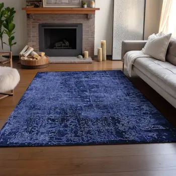 9' X 12' Navy Blue And Ivory Abstract Washable Area Rug With UV Protection