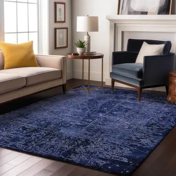 10' X 14' Navy Blue And Ivory Abstract Washable Area Rug With UV Protection