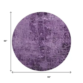 8' Purple And Ivory Abstract Washable Round Rug With UV Protection