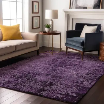 10' X 14' Purple And Ivory Abstract Washable Area Rug With UV Protection