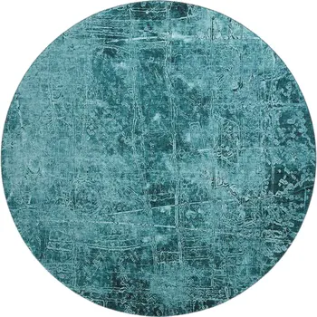 8' Teal And Ivory Abstract Washable Round Rug With UV Protection