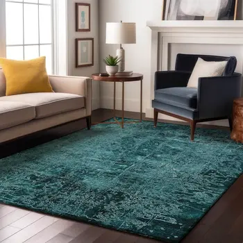 10' X 14' Teal And Ivory Abstract Washable Area Rug With UV Protection
