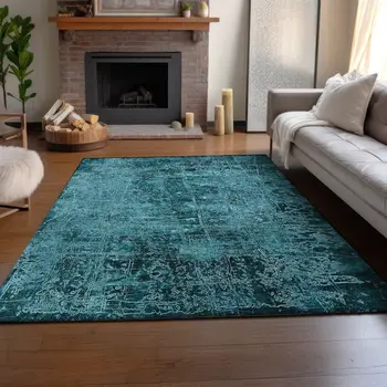 10' X 14' Teal And Ivory Abstract Washable Area Rug With UV Protection
