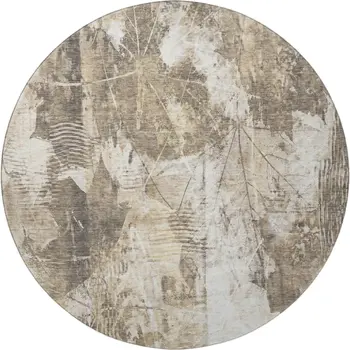 8' Beige And Ivory Floral Washable Round Rug With UV Protection
