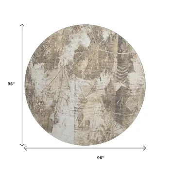 8' Beige And Ivory Floral Washable Round Rug With UV Protection