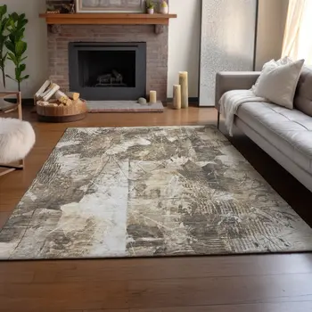 10' X 14' Beige And Ivory Floral Washable Area Rug With UV Protection