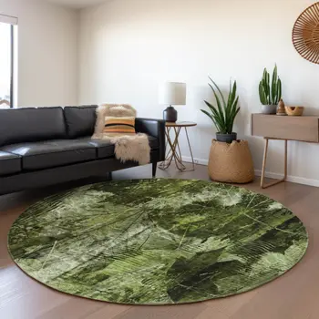 8' Green And Ivory Floral Washable Round Rug With UV Protection