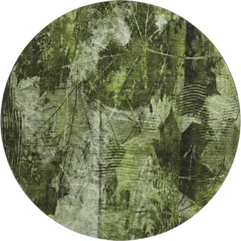8' Green And Ivory Floral Washable Round Rug With UV Protection