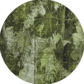 8' Green And Ivory Floral Washable Round Rug With UV Protection