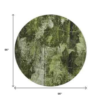 8' Green And Ivory Floral Washable Round Rug With UV Protection
