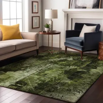 9' X 12' Green And Ivory Floral Washable Area Rug With UV Protection