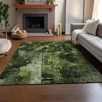9' X 12' Green And Ivory Floral Washable Area Rug With UV Protection