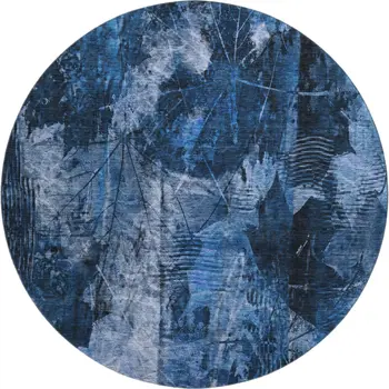 8' Navy Blue And Ivory Floral Washable Round Rug With UV Protection