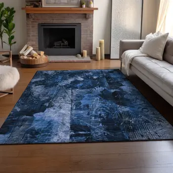 8' X 10' Navy Blue And Ivory Floral Washable Area Rug With UV Protection