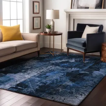 10' X 14' Navy Blue And Ivory Floral Washable Area Rug With UV Protection