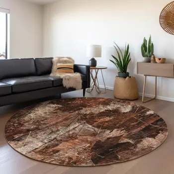 8' Rust And Ivory Floral Washable Round Rug With UV Protection