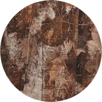 8' Rust And Ivory Floral Washable Round Rug With UV Protection
