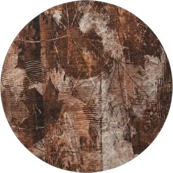 8' Rust And Ivory Floral Washable Round Rug With UV Protection