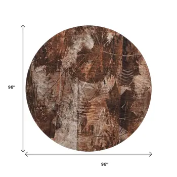 8' Rust And Ivory Floral Washable Round Rug With UV Protection