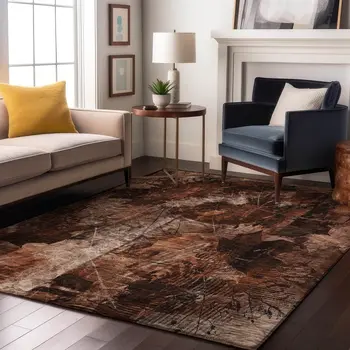 8' X 10' Rust And Ivory Floral Washable Area Rug With UV Protection