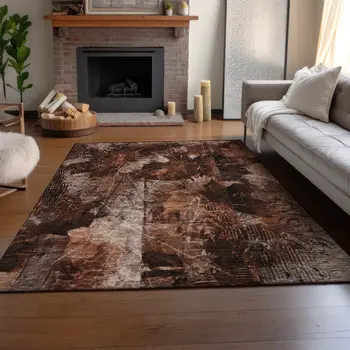 10' X 14' Rust And Ivory Floral Washable Area Rug With UV Protection