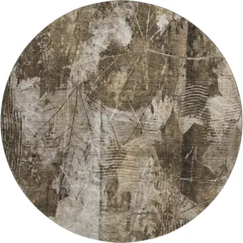 8' Taupe And Ivory Floral Washable Round Rug With UV Protection